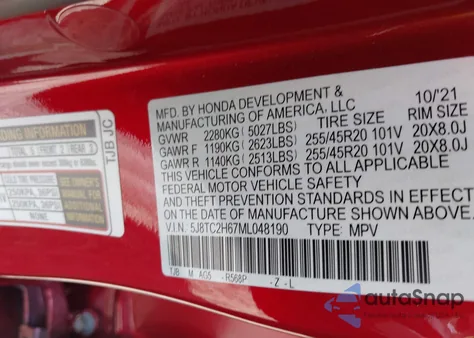 2021 Acura Rdx A-Spec Package z USA, uszkodzony, nr VIN 5J8TC2H67ML048190